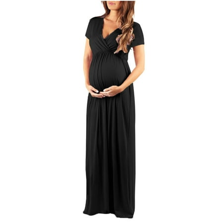 

asdoklhq Maternity Clothes for Women Clearance Woman Solid V-Neck Short Sleeve Elasticity Pregnant Maternity Nursing Long Dress