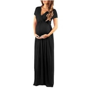 Fankiway Woman Solid V-Neck Short Sleeve Elasticity Pregnant Maternity Nursing Long Dress