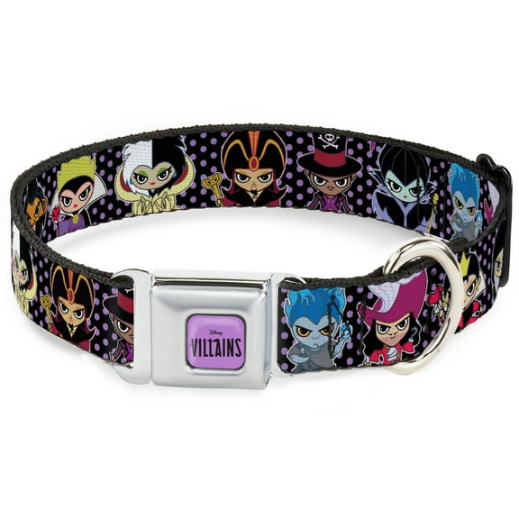 Disney Pet Collar, Dog Collar Metal Seatbelt Buckle, Disney Sweet Chibi Villain Poses Polka Dot Black Lavender, 9.5 to 13 Inches 1.0 Inch Wide