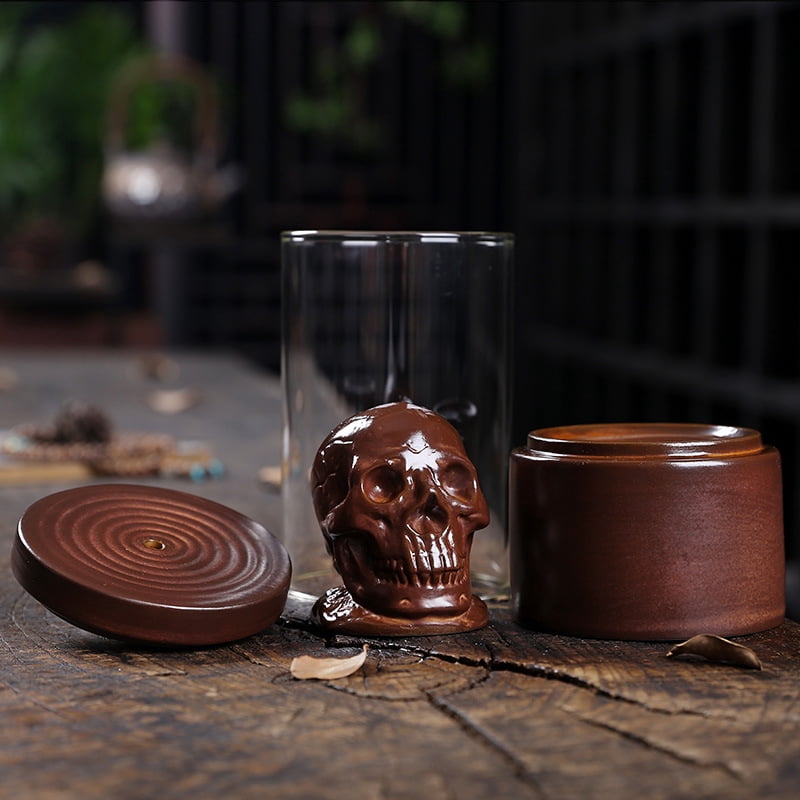 Backflow Incense Holder, Ceramic Waterfall Skull Incense Burner with Incense Cones and Windproof Acrylic Hood, for Halloween/Aromatherapy/Yoga/Home Deco