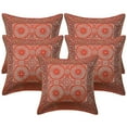 thumbnail image 1 of Stylo Culture Indian Sofa Throw Pillow Covers 16x16 Jacquard Orange Brown Traditional 40cm x 40cm Home Decor Brocade Mandala Zippered Square Cushion Covers | Set Of 5, 1 of 4