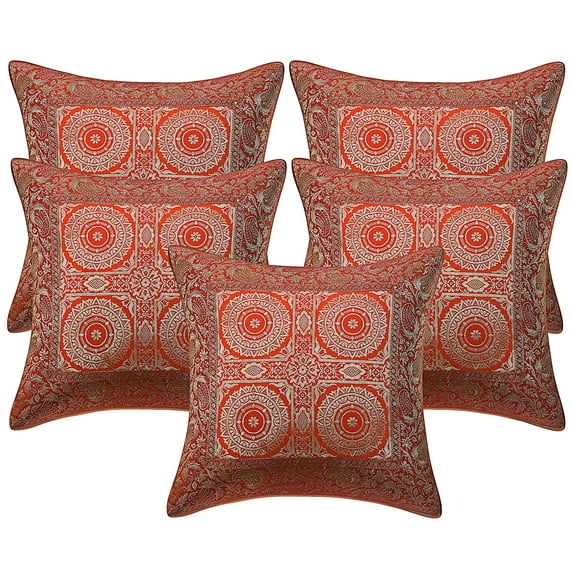 Stylo Culture Indian Sofa Throw Pillow Covers 16x16 Jacquard Orange Brown Traditional 40cm x 40cm Home Decor Brocade Mandala Zippered Square Cushion Covers | Set Of 5