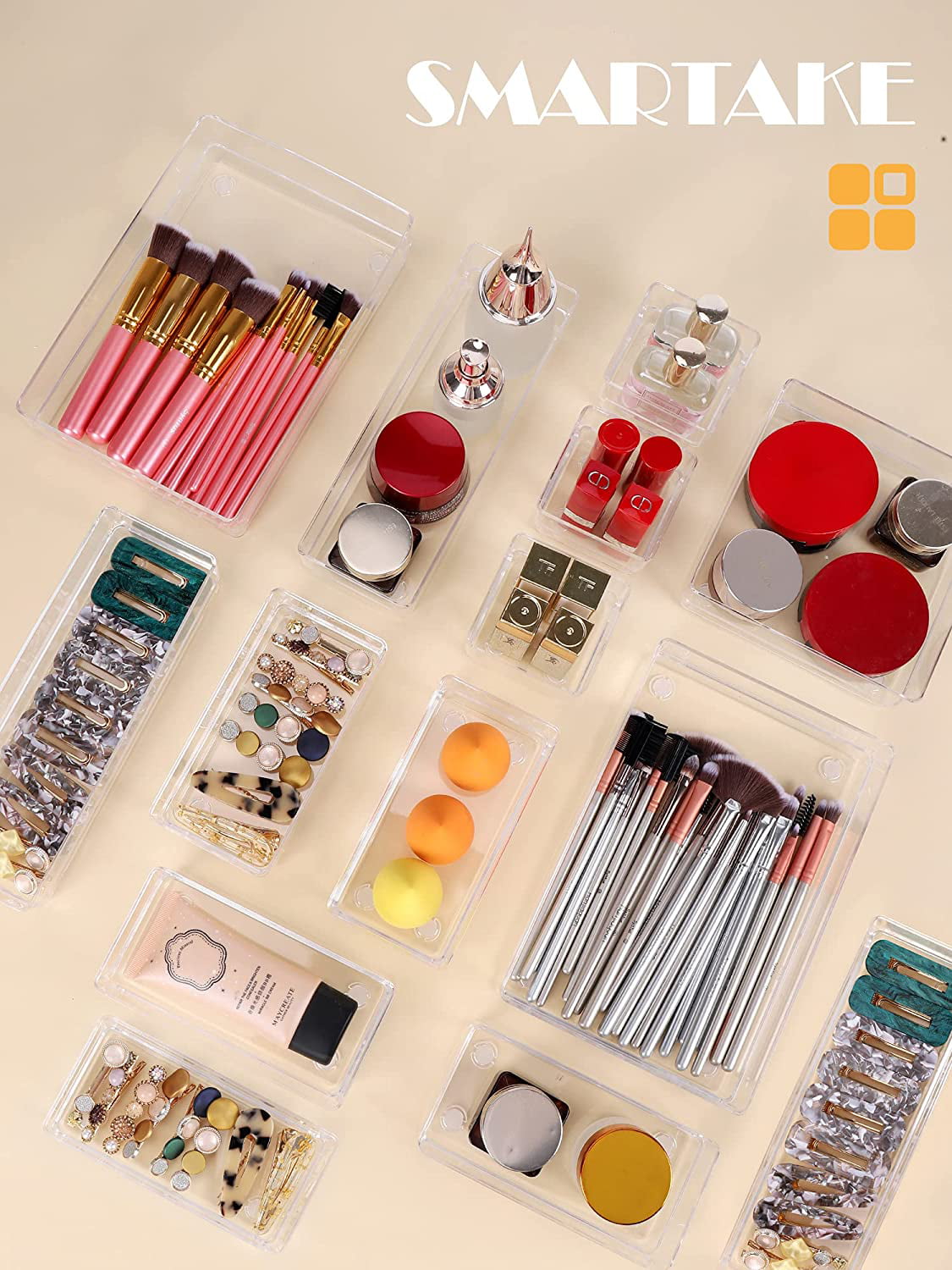Seenda 7 Pack Desk Drawer Organizer Trays with 4 Different Sizes,Versatile Clear Drawer Organizers Storage for Bathroom, Makeup, Bedroom, Kitchen,Office
