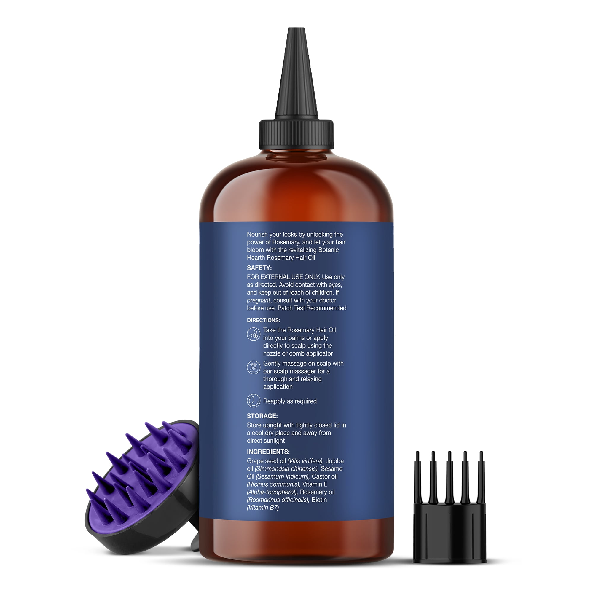 Botanic Hearth Rosemary 16 fl oz HAIR OIL (Carrier oil PET bottle packging + Ambered colour + inner plug + nozzle + combo applicator + With Scalp Massager +Shrink Sleeve without monocarton