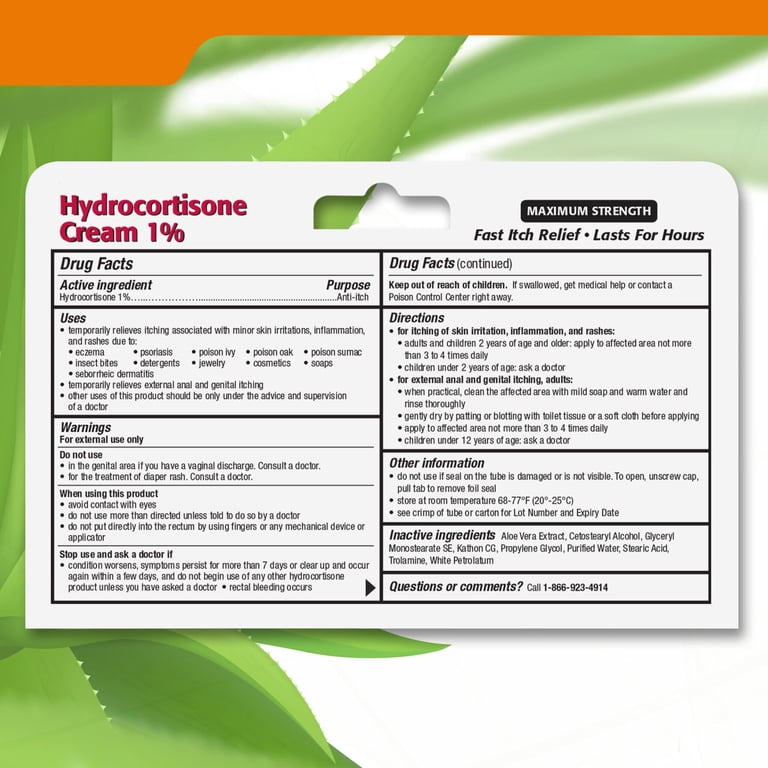 Hydrocortisone Cream 1% with Soothing Aloe (2 Fl Oz) Fast-Acting Maximum  Strength Anti-Itch Relief for Eczema, Psoriasis, Rashes, Hives, Bug Bites &  ...