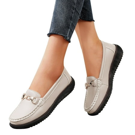 

Zizocwa Classic Loafers for Elderly Women Soft Leather Metal Chain Slip On Casual Walking Shoes Comfortable Non Slip Dressy Flats White Size7