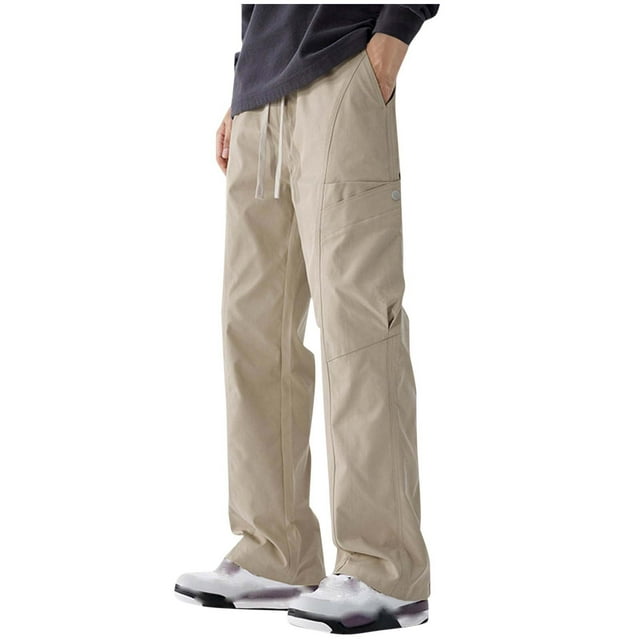 Khaki Ruched Paperbag Straight Leg Basic Long Leg Work Wild Cargo Brunch Pants for Mens Summer Fall Loose Fit Pants Man 2025 Clothes Trendy Country Concert M