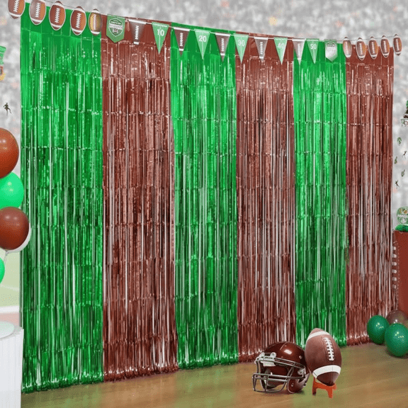 3 Pack Green Brown Foil Fringe Curtains for Football Party Decorations, Photo Booth Backdrop, Super Bowl Party Supplies, Birthday Streamers and Celebration Decor