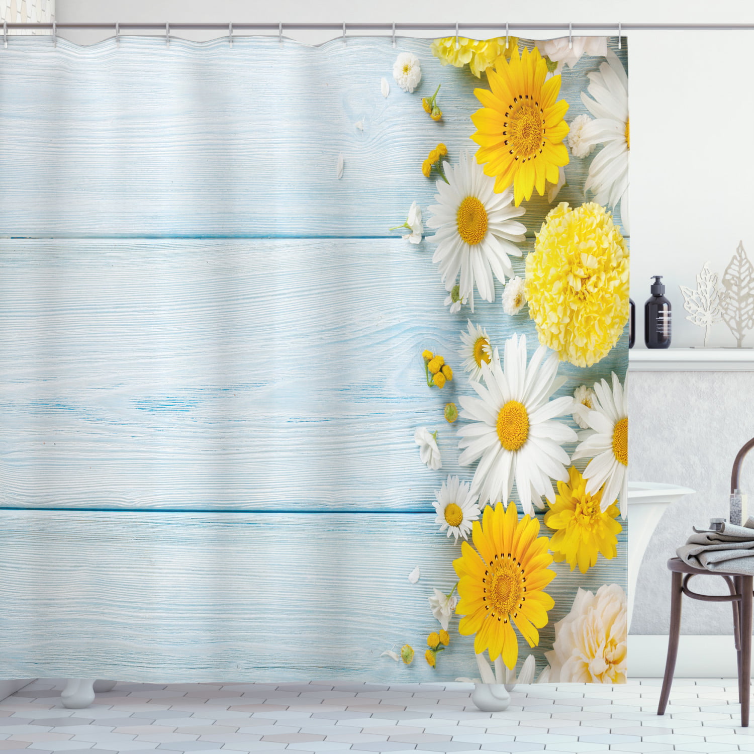 Daisy Flower Bubbles Rustic Wood Planks Fabric Shower Curtain Set Bathroom Decor