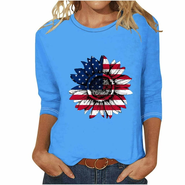 Xihbxyly Hauts pour Femmes Décontractés Mode Féminine T-shirt Imprimé Manches 3/4 Blouse Col Rond Hauts Décontractés