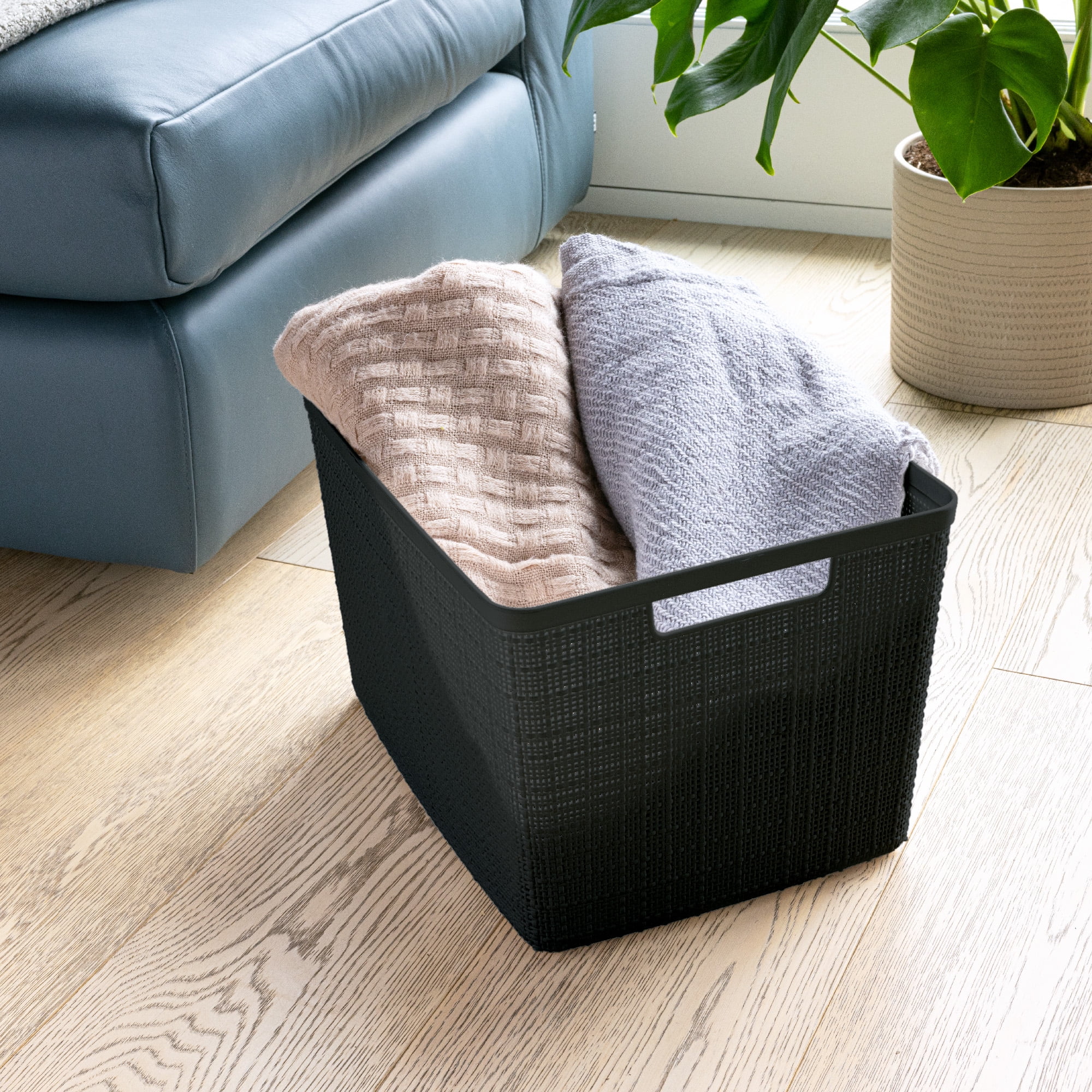 Curver Set of 4 Jute Basket Large Durable Resin Organization and Storage Basket Bin, Black