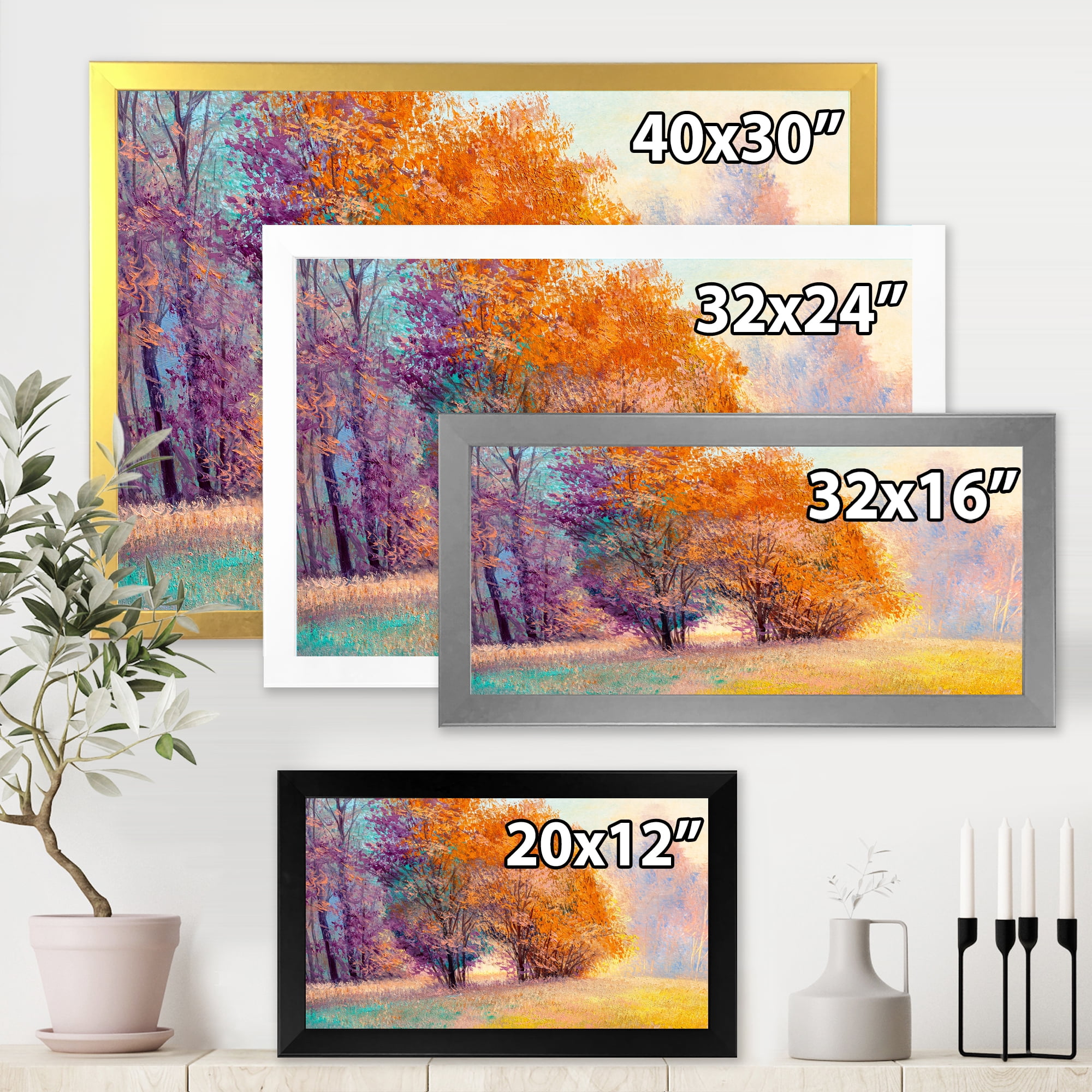 Designart 'Autumn Forest Orange Leaves Landscape' Lake House Framed Art Print