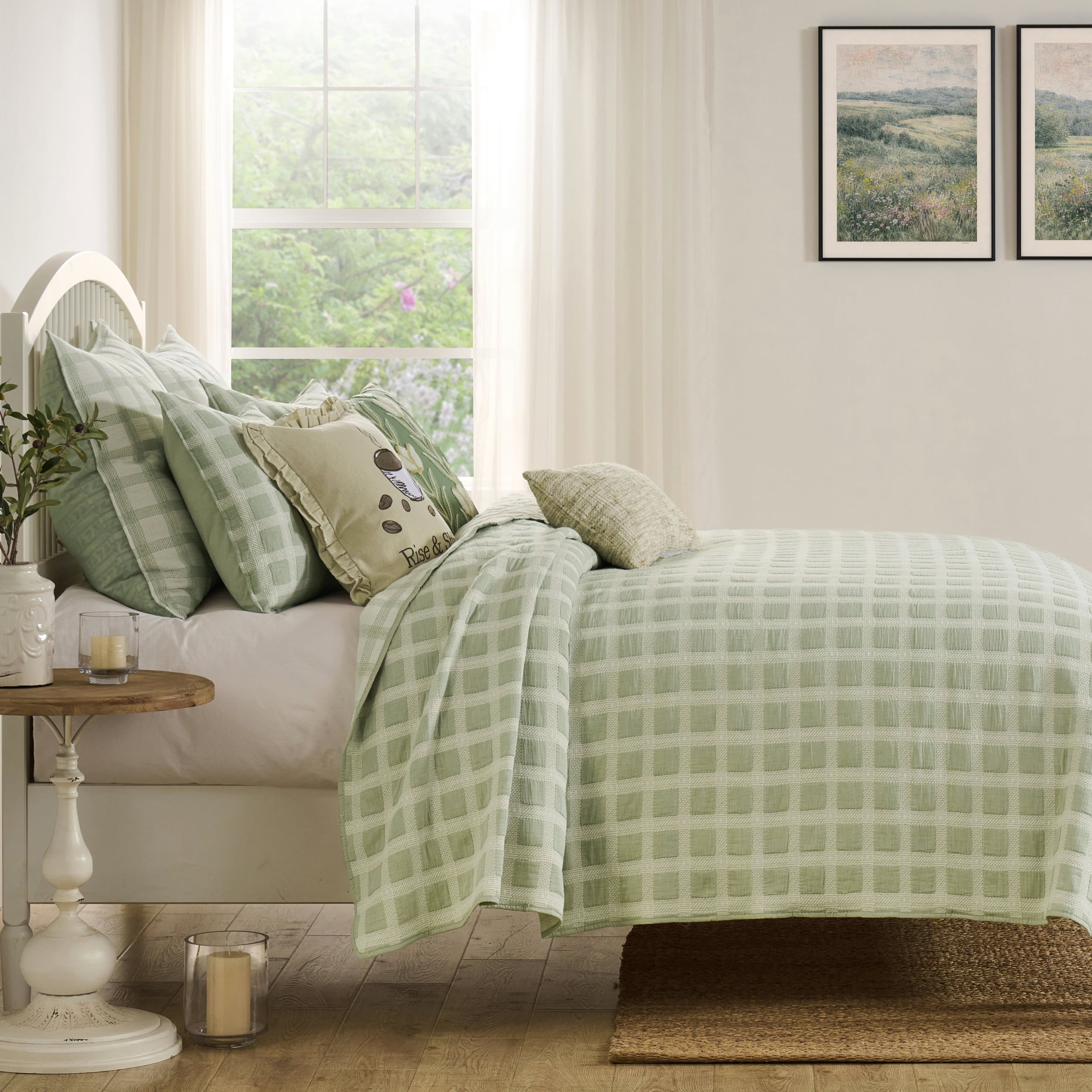 Greenland Home Fashions Millhouse 100% Cotton Lightweight Reversible Coverlet Set, 3-Piece King/Cal King, Adult, Sage