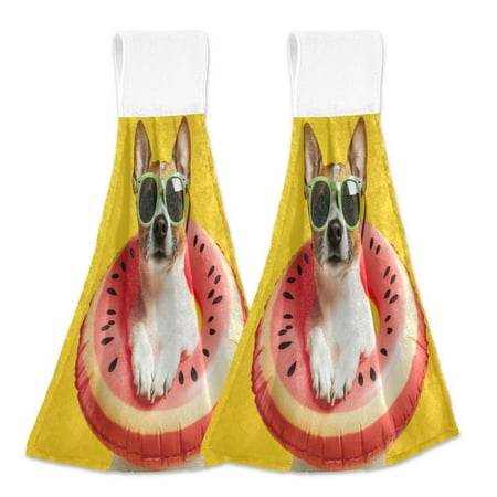 

2pcs Kitchen Hanging Towels Bathroom Hanging Towels Velcro Soft Hand Towel Absorbent Tie Towels for Kitchen Toilet Tea Bar Washcloth Decor Dog Wearing Sunglasses