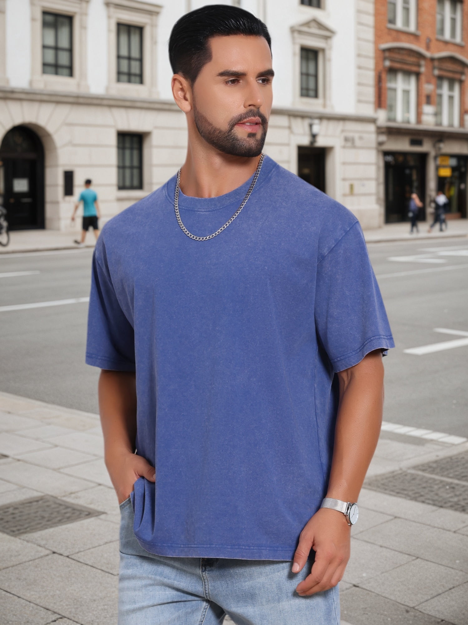 DARING DIVA Men's Retro Distressed Crew Neck Short Sleeve Solid T-Shirt 2XL Blue
