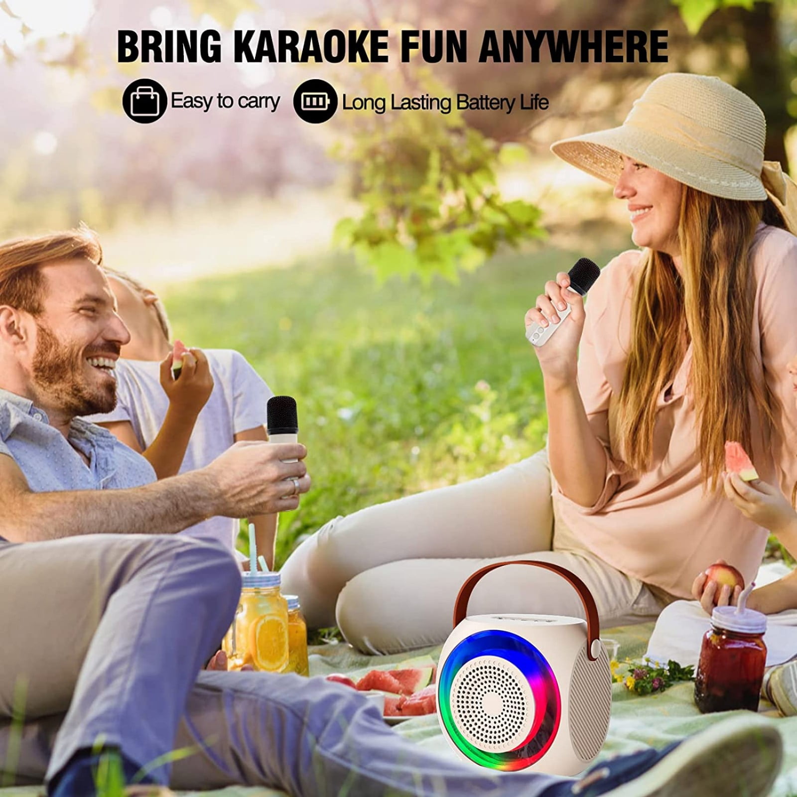Mini Karaoke Machine, Portable Wireless Speaker with 2 Wireless Microphones, Compatible with Bluetooth-Enabled Devices, for Children and Adults, with LED Lights.-White
