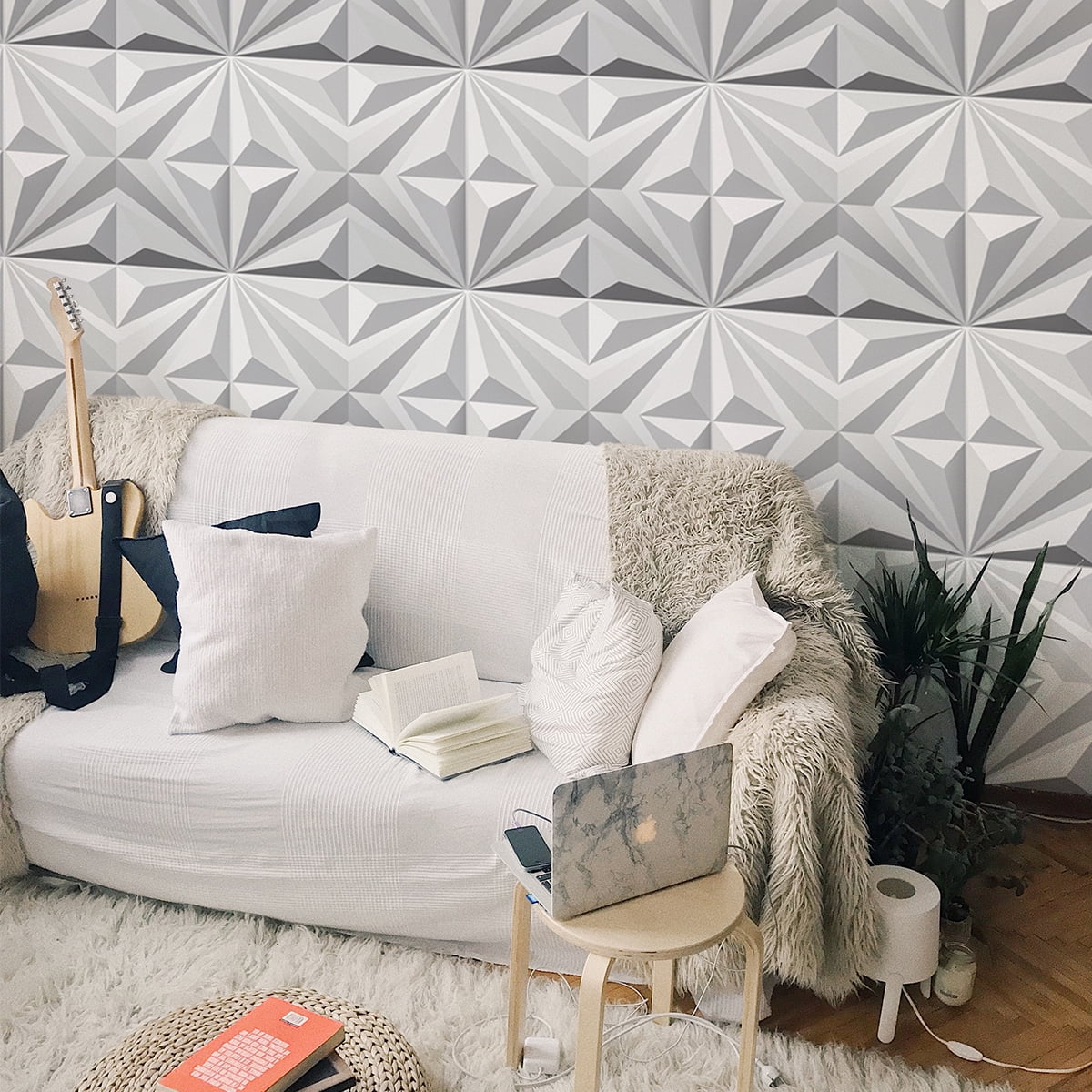 Art3dwallpanels 19.7 in. x 19.7 in. 32 Sq. ft. White PVC 3D Wall Panel Star Textured for Interior Wall Decor (Pack of 12-Tiles)
