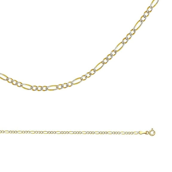 Solid 14k Yellow & White Gold Necklace Figaro Chain Pave Diamond Cut Thin Two Tone 2.1 mm 16 inch