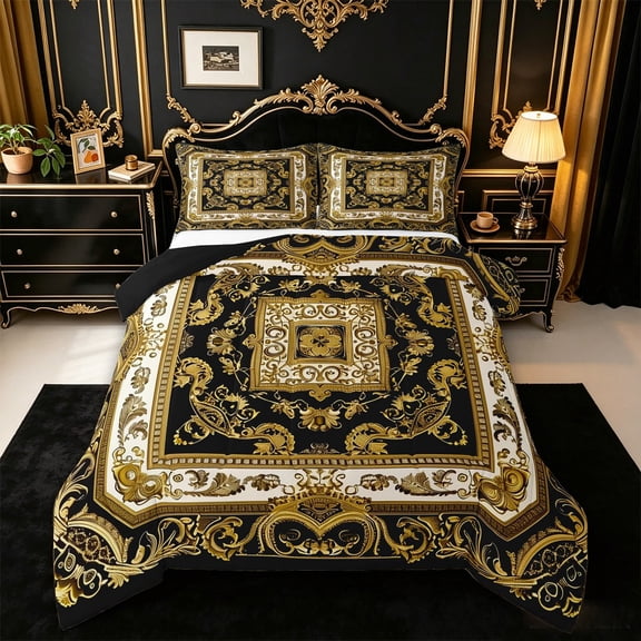 jejeloiu Rustic Baroque Queen Comforter Set For Men Women,Classic Print Comforter Sets Queen,Gold Black,Black Reversible,3pcs,1 Comforter and 2 Pillowcases