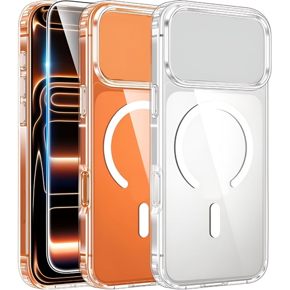 GJX 2026 New Case for Iphone 17 Pro-Max: Clear Magnetic Phone Cases with Screen Protector Compatible with Magsafe Slim Anti Yellowing Shockproof Protective Transparent Cell Cover