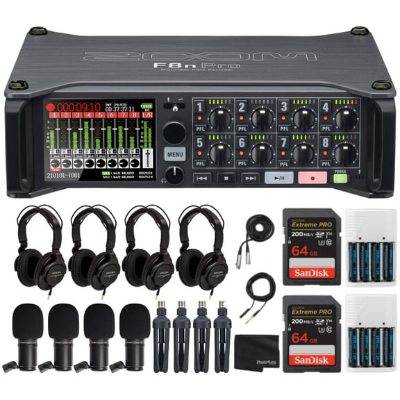 Zoom F8n Pro MultiTrack Field Recorder Bundles with 4x Zoom ZDM-1 Podcast Mic Pack   Batteries   Memory Cards