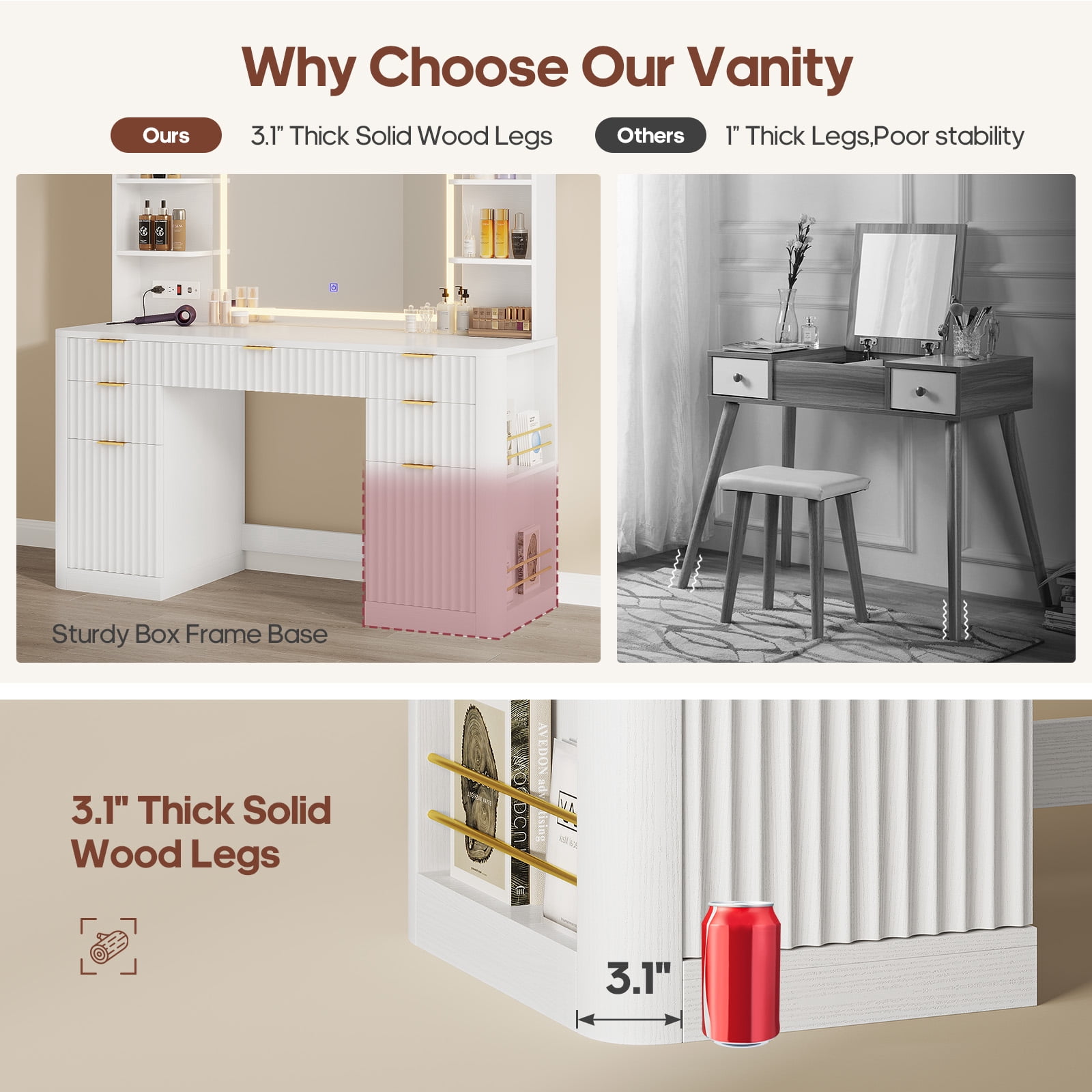 Plonmago Modern Vanity Table with Lighted Mirror, 5 Drawers, 2 Cabinets, and 6 Shelves, Vanity Desk with Lights and Power Strip,Modern Dressing Table Solid Wood Legs,White Fluted Finish