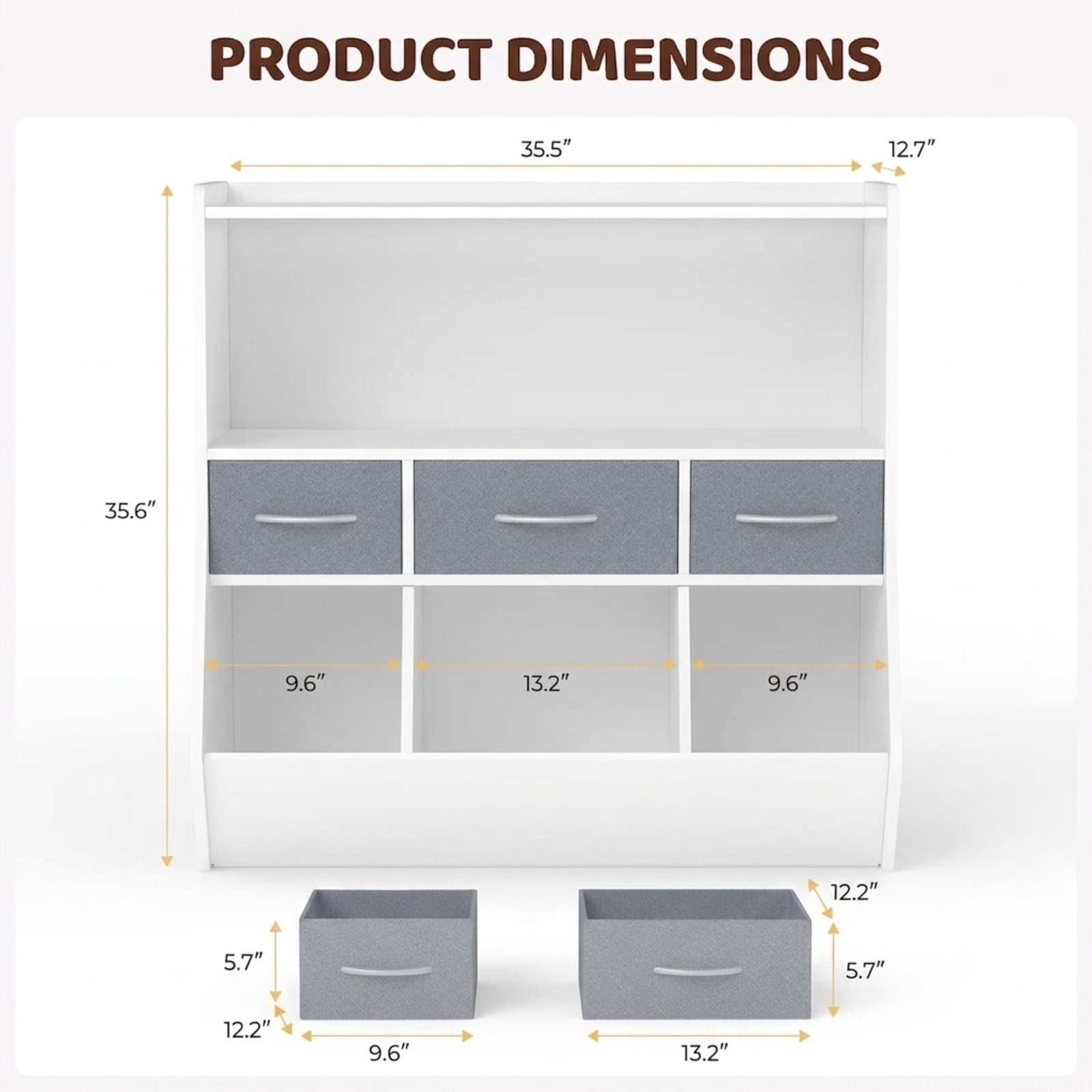 Fenbeli Kids Bookshelf and Toy Storage Organizer, White MDF Bookcase with 3 Removable Fabric Bins Open Compartments and Rounded Edges, for Nursery Bedroom and Playroom
