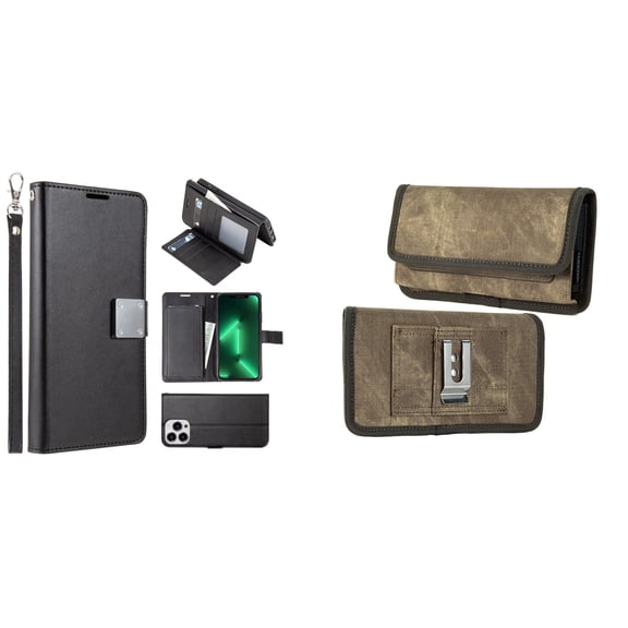 Bemz Pocket Clutch Wallet Case and Belt Holster Pouch for iPhone 14 Pro (Black/Brown)