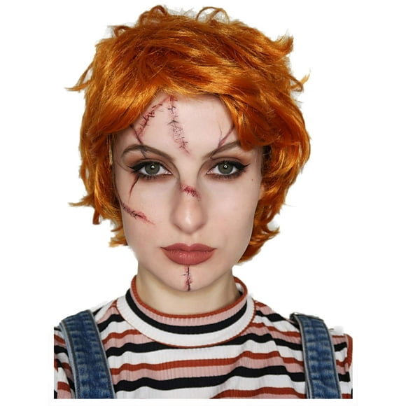 Peluca ALLAURA Evil Killer Doll naranja para Halloween con tatuajes de cicatrices