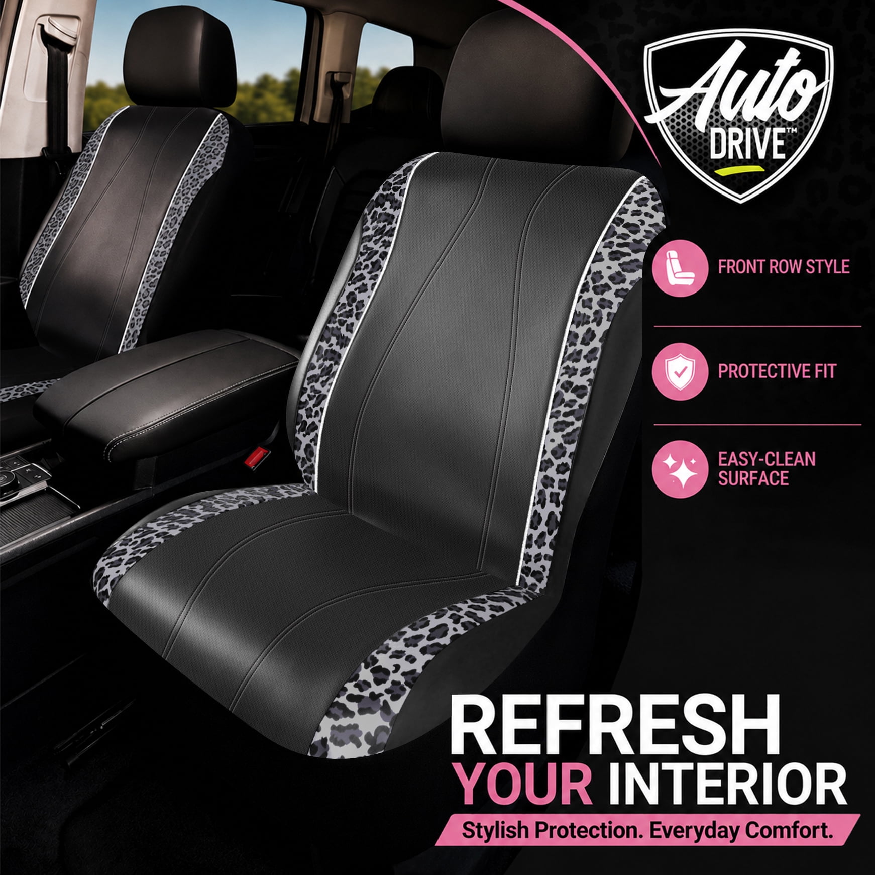 Auto Drive Car Seat Covers , Fashion Seat Covers,Leopard Print & Rhinestone Trim Front Seat Covers, Universal Fit, Airbag Compatible for Cars, SUVs and Trucks,Black