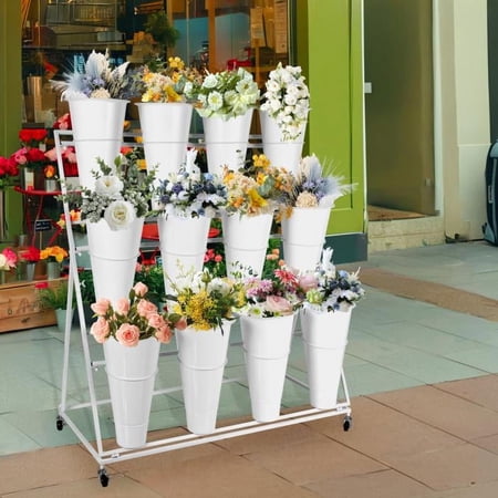 3-Tier Cylindrical Metal Plant Stand with 12 White Cylindrical Pots & 4 Rollers for Terrace/Home