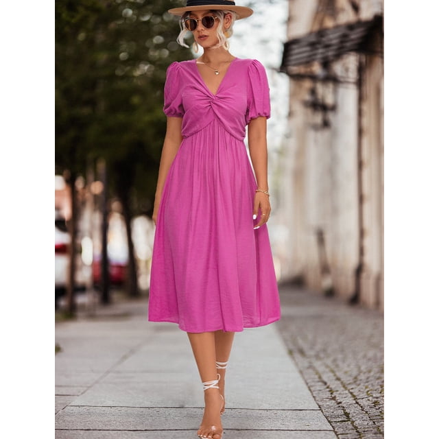 Spring Summer Mid Dress Women Ruffles Short Sleeve V-neck Office Elegant Dresses Party Casual Commuter Loose A-line Dresses 2023S Gao Jinjia LED