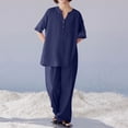 thumbnail image 5 of CIENVNSTG 2 Piece Sets Woman Trendy V-Neck Long Sleeve Linen Shirt Top Drawstring Straight Pants Set Navy M, 5 of 5