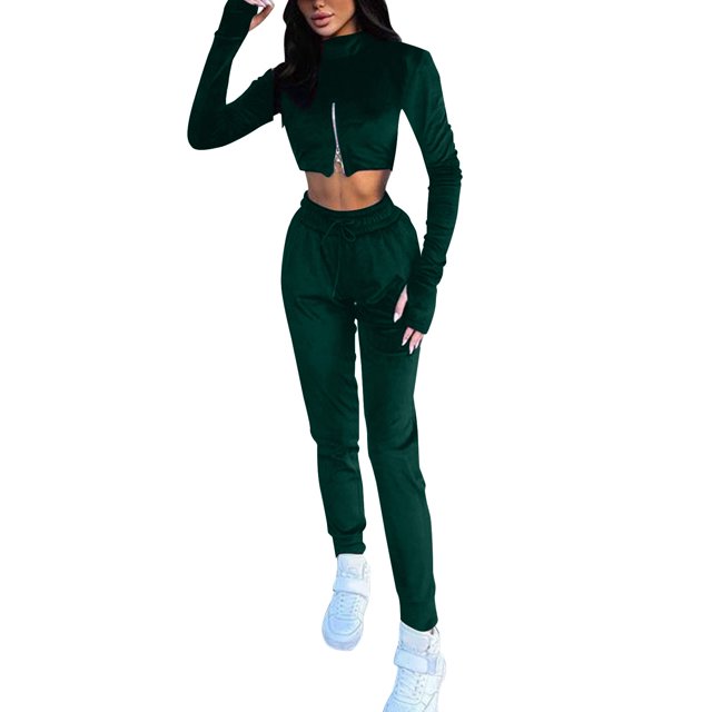 Gibobby Conjunto dama pants y sudadera afelpada Conjunto de pantalones casuales de cintura alta con cremallera y cuello de manga larga para mujer, sudaderas d(Verde,M)