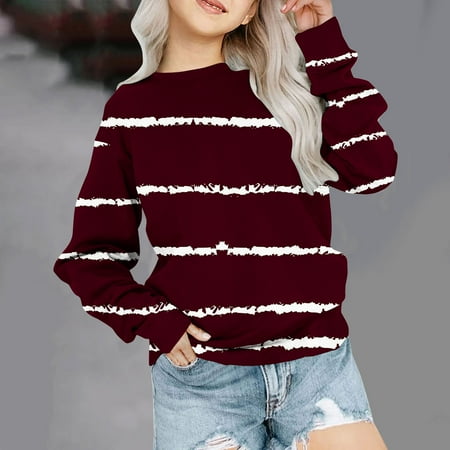 

Geire Children Comfy Cotton Sweatshirt Fall Winter Wear Casual Striped Printed Long Sleeve Crewneck Top Loose Pullover Sweatershirts for Children Girls 1-12 Years