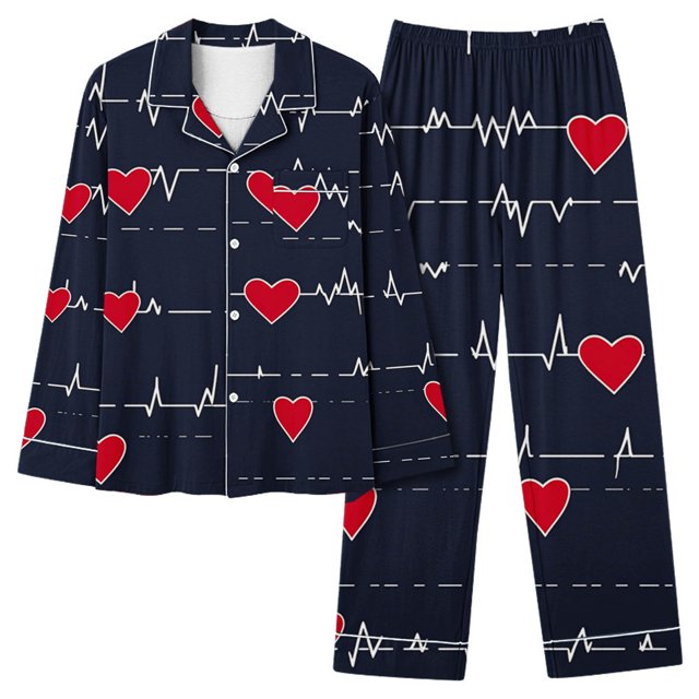 Amzcrzy Pyjamas de la Saint-Valentin pour Femmes Ensemble Mode Décontracté 2 Pcs Tenues de la Saint-Valentin Col à Revers Bouton Imprimé Manches Longues Hauts et Pantalons Ensembles de Vêtements de Nuit