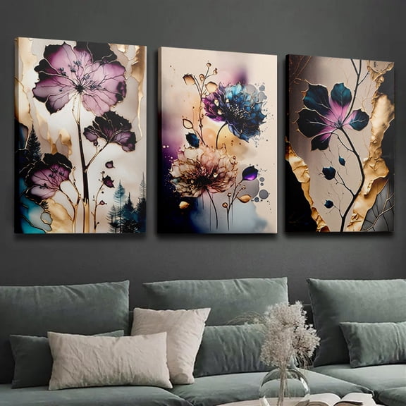 3- piece framed canvas posters- Modern art with dreamy floral purple and lapis lazuli designs. Ideal for bedrooms, living rooms, and hallways. Wall art for winter room decor.