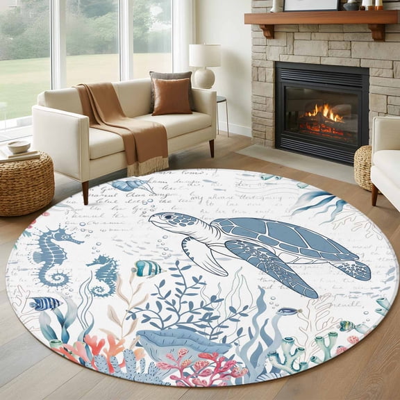 Coastal Turtle Round Area Rug 8Ft Washable Large Circle Rugs for Living Room Dorm, Summer Beach Nautical Ocean Coral Seahorse Non-Slip Carpet Floor Mats Indoor Outdoor Carpet Runner Home Decor