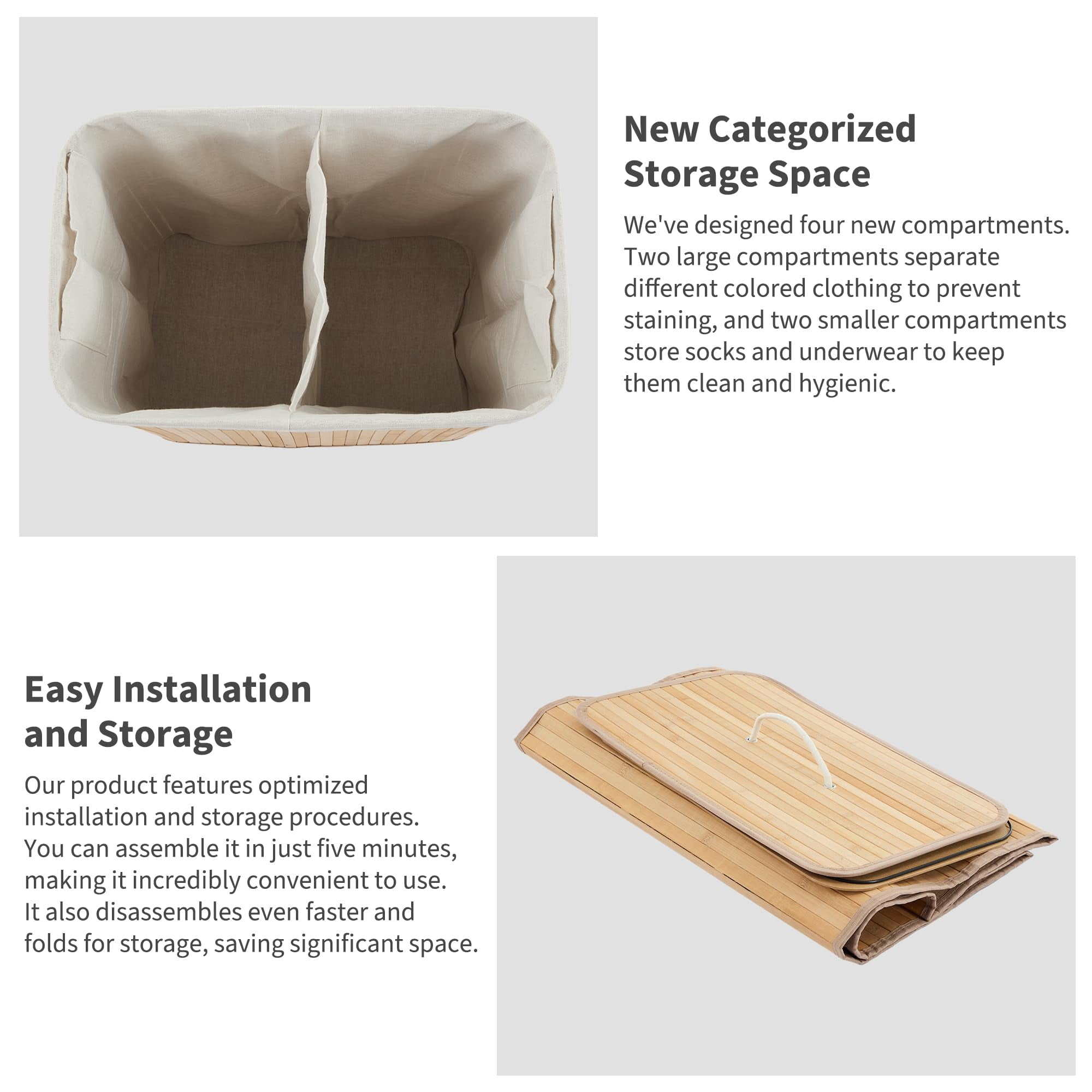Garvee Folding Bamboo Laundry Hamper with Lid, 27.5 Gallon Large Capacity Wooden Basket with Washable Liner Bag, Slim Space-Saving Clothes Organizer for Small Bedroom, Apartment, Dorm, Natural