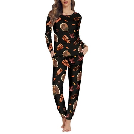 

FKELYI Happy Thanksgiving Pj 2-Piece Fall Maple Leaf Loose Pajamas Top and Pants with Pockets Size S Polyester Long Sleeve Sleepwear Pajamas