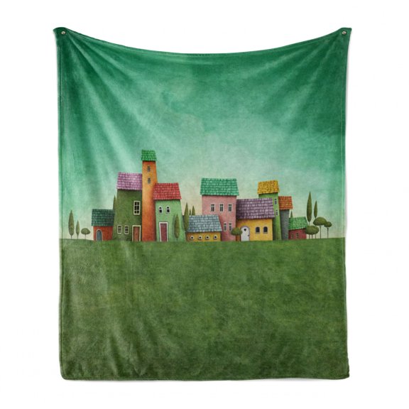 Mural Soft Flannel Fleece Throw Blanket, Village of Abstract Shaped Colorful Housesnd Bushy Trees on Greenery Grass Field, Cozy Plush for Indoor and Outdoor Use, 50" x 60", Multicolor, by Ambesonne