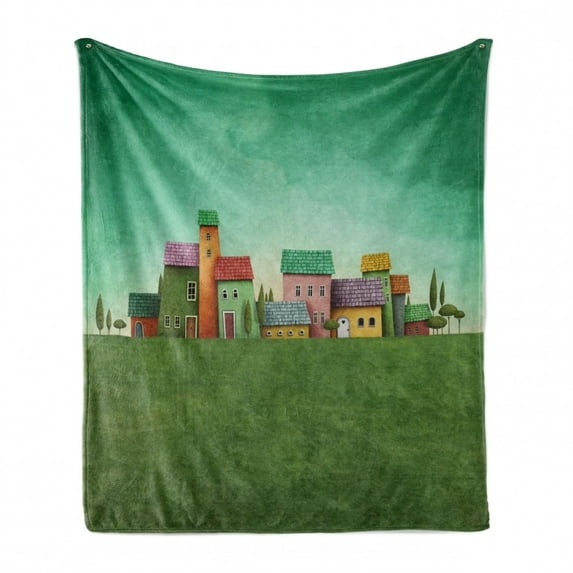 Mural Soft Flannel Fleece Throw Blanket, Village of Abstract Shaped Colorful Housesnd Bushy Trees on Greenery Grass Field, Cozy Plush for Indoor and Outdoor Use, 70" x 90", Multicolor, by Ambesonne