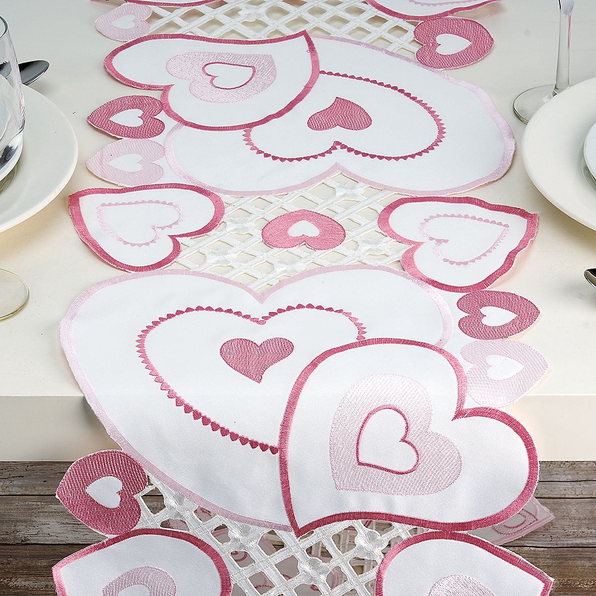 Current Valentine Hearts Table Runner - 13 x 72-Inch Pink Indoor & Outdoor Dining Decorations, Embroidered Home Decor, Holiday Centerpiece, Machine Washable Polyester