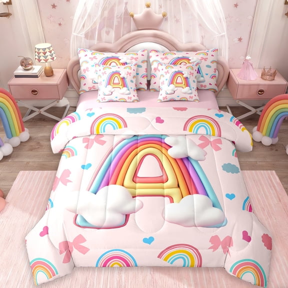 Manfei Letter A Monogrammed 7-Piece Twin Bedding Sets,Cute Bowtie Bow Bedding Comforter Set,Colorful Rainbow Stripes Sheet Sets For Girl,Microfiber Room Decorative Reversible