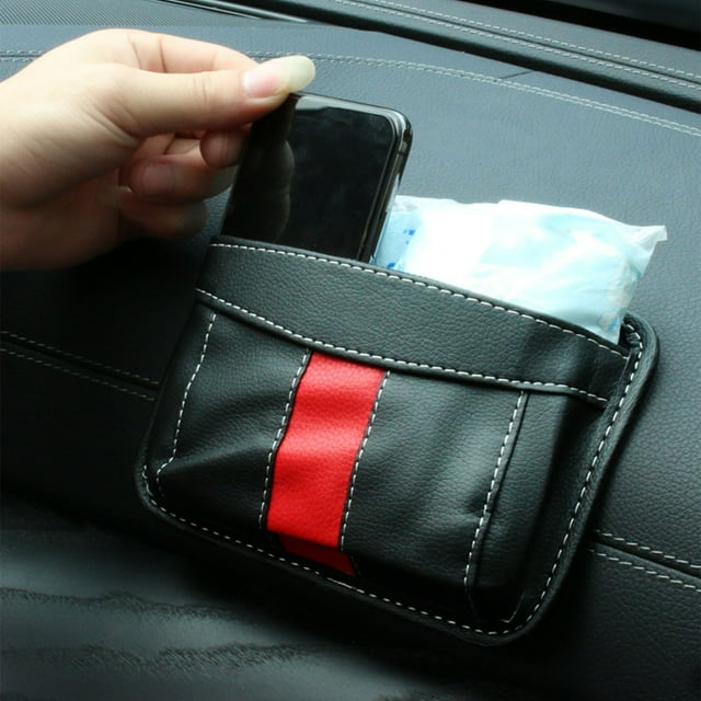 Car Storage Organizer with Adhesive Mount - 17x12x2cm Mesh Hanging Bag for Phones, Keys, Cards & Small Items - No Drilling Installation - Leather Multifunctional Car Accessory Akmoler | Pu, Black
