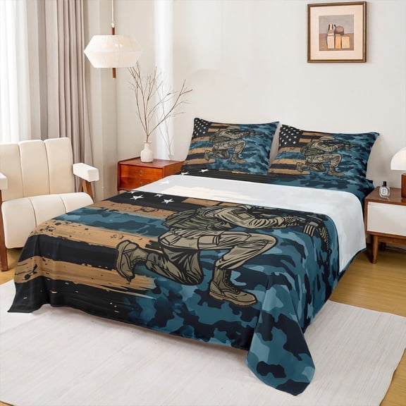 Manfei Army Military Sheet Set Full, Vintage US Flag Bed Sheets Set Full Size, Blue Camouflage Full Sheet Sets, Breathable Bedroom Decoration, 4pcs