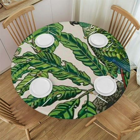 

Green White Seamless Table Cloth for Round Tables Watercolor Tropical Trees Exotic Leaves Anti-Tear Wipeable Elastic Round Tablecloth Leaf Tables