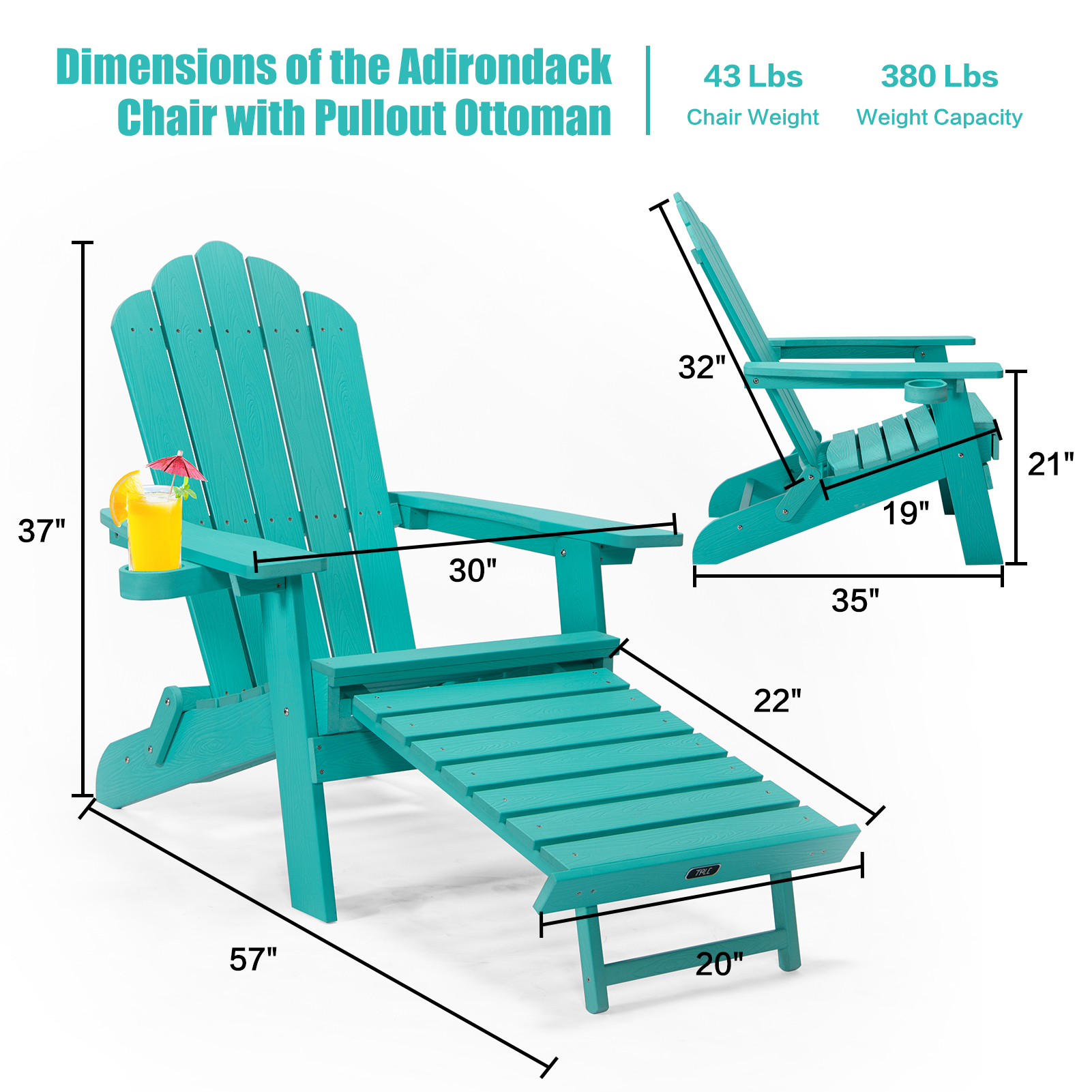 GZXS Folding Adirondack Chair with Pullout Ottoman and Cup Holder, Oaversized Wood Lounge Chair for Patio Deck Garden, Backyard Furniture, Green - image 4 of 10