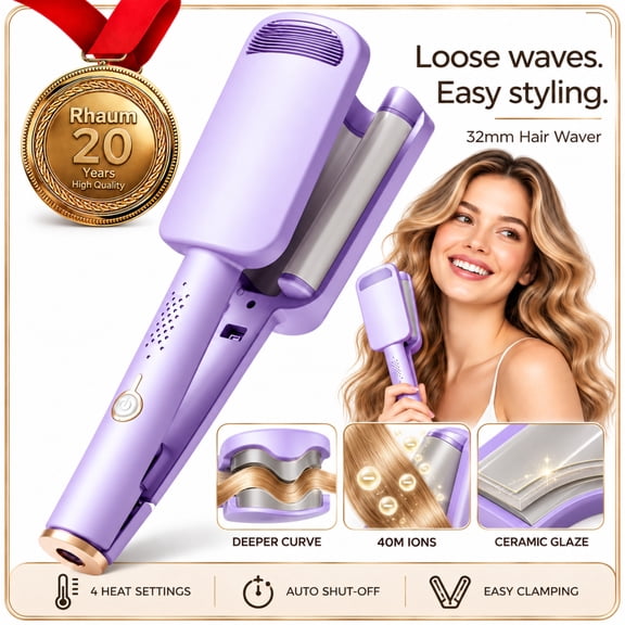 32mm Wavy Hair Curler, French Wave Curling Iron with 4 Heat Settings & Auto Shut-Off