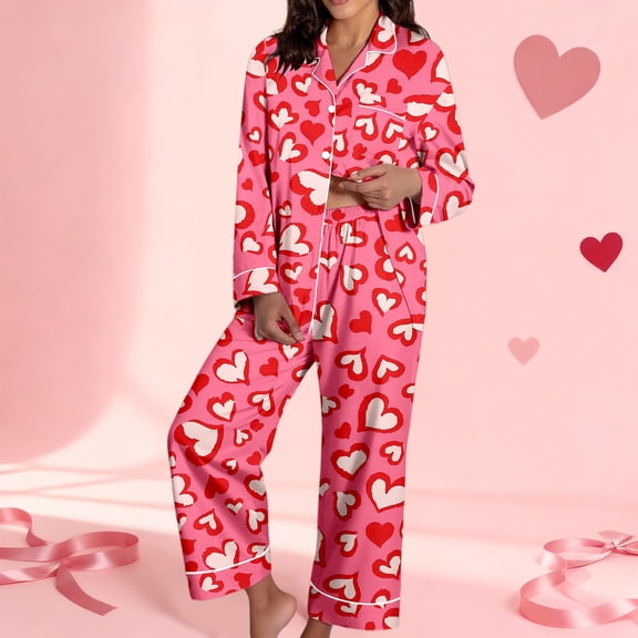 Valentine's Day Pajamas Sets Women Cute Pink Heart Print Pjs Sets Shirt Top Pants 2 Piece Sets Sleepwear Red L